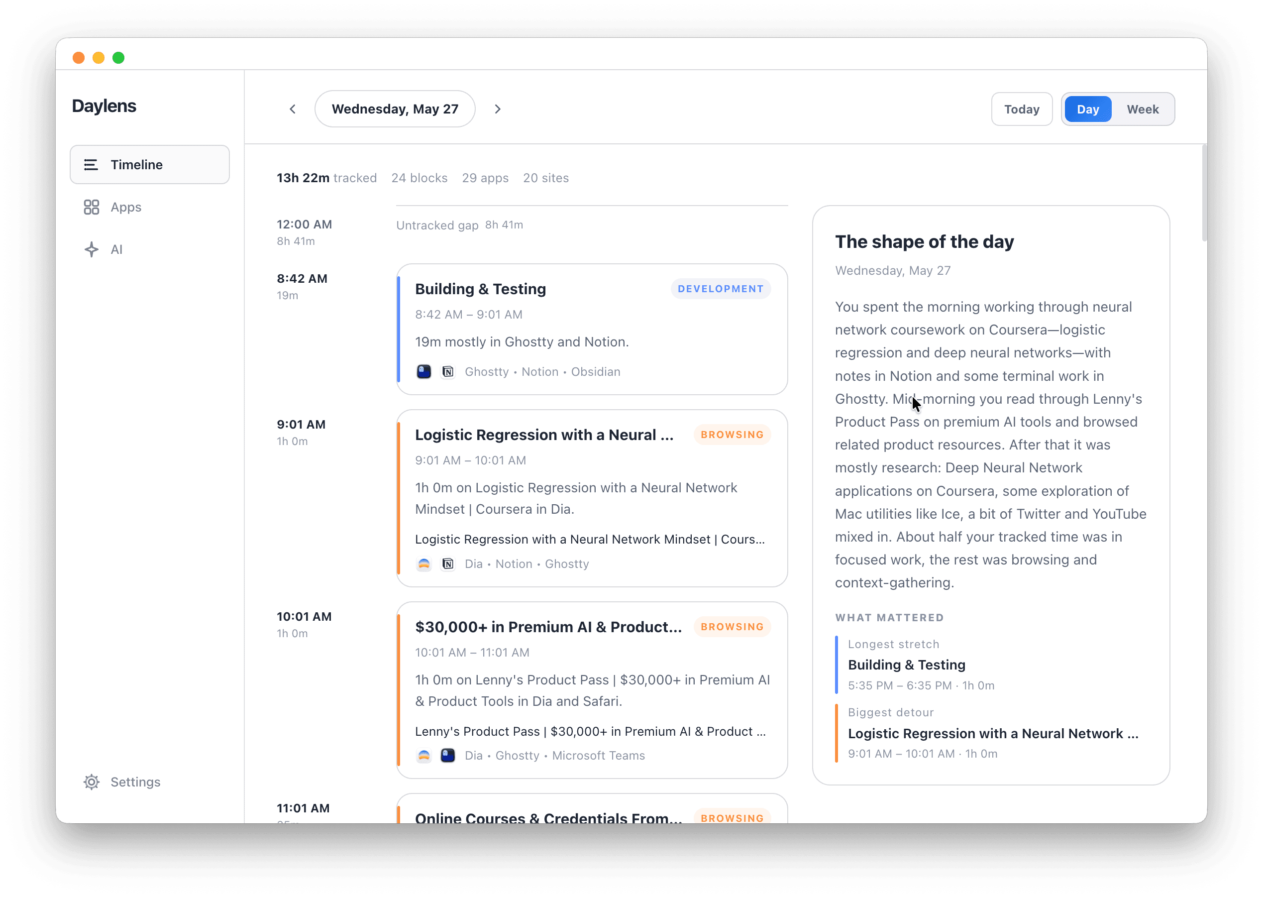 Daylens today view — a reconstructed timeline of your work