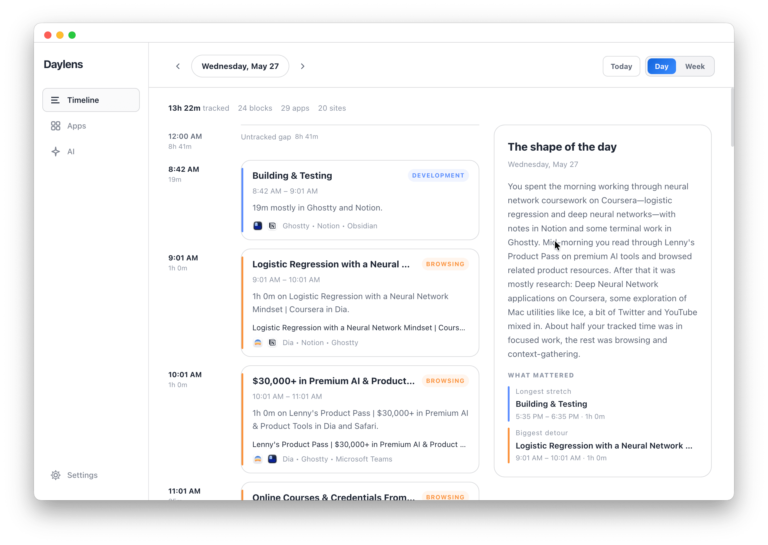 Daylens today view — a reconstructed timeline of your work