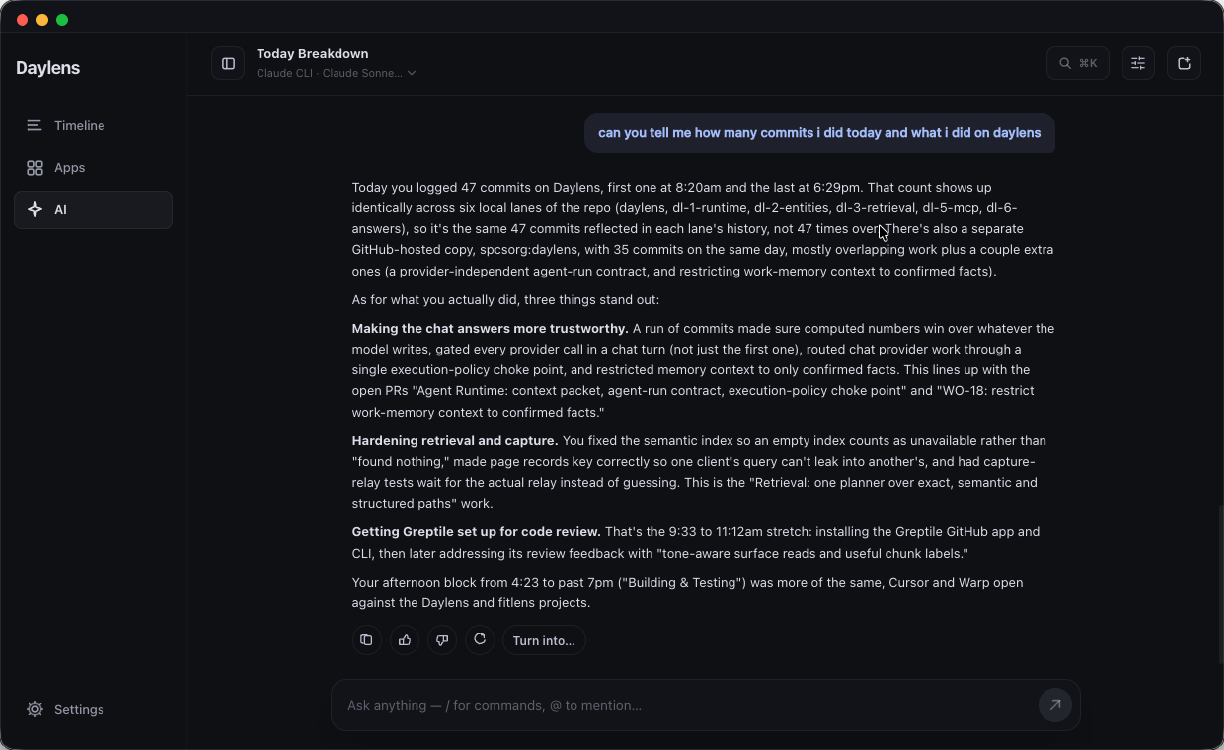AI chat answering from Daylens memory and GitHub