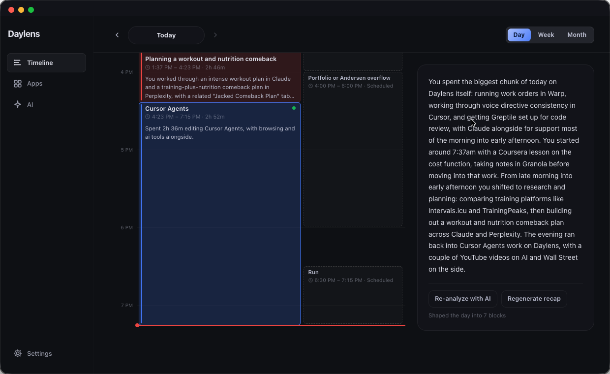 Timeline with work-named blocks and a day recap